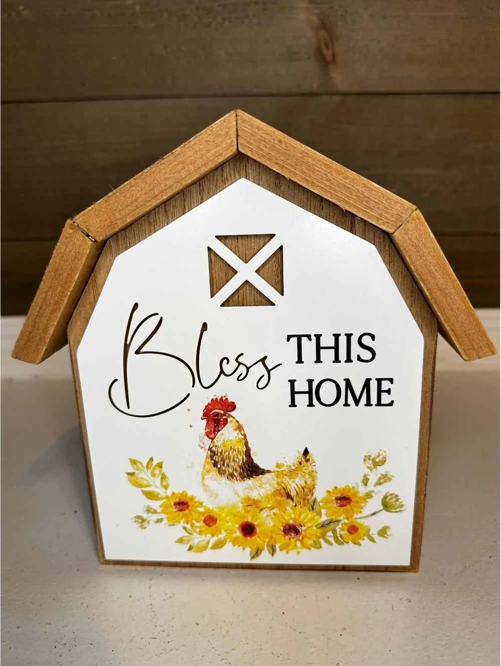Farmhouse Barn Sign - Bless This Home Rooster & Sunflowers 8